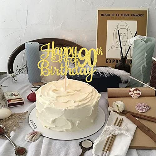 1 PCS Happy 90th Birthday Cake Topper Gold Glitter Cheers to 90 Years Birthday Cake Pick 90 Fabulous Cake Decoration for Happy 90th Birthday Theme Party Decorations Supplies