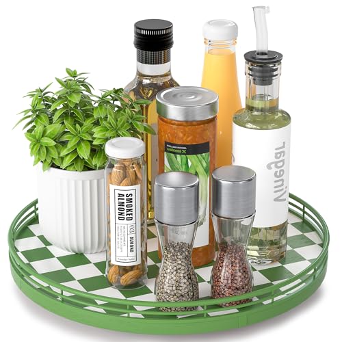 12 Inch Green and White Checkerboard Lazy Susan with Rubberwood Base