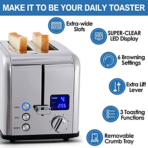 2 Slice Stainless Steel Toaster with Digital LED Display