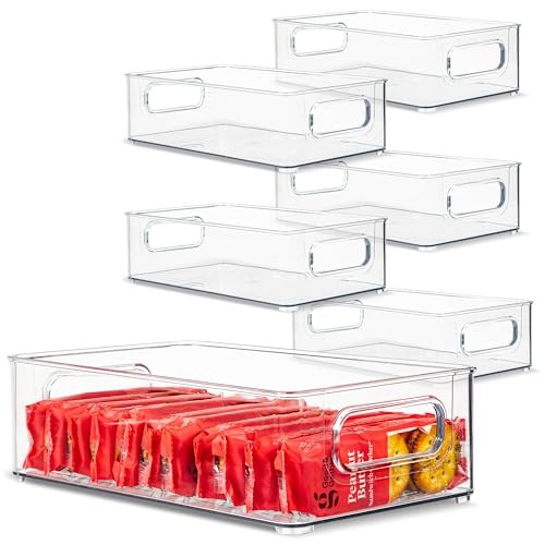 Plastic Food Storage 6 Pack Clear Container Bin with Handles for Organizing Kitchen (6 Count)