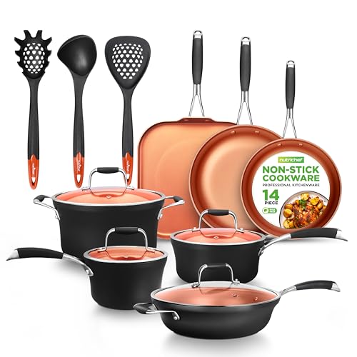 14-Piece Non-Stick Pots and Pans Set - Induction Ready Multi-Sized Cooking Pots with Lids, Small and Medium Frying Pans with Slotted Spatula, Pasta Server, Soup Ladle, Silicone Handles