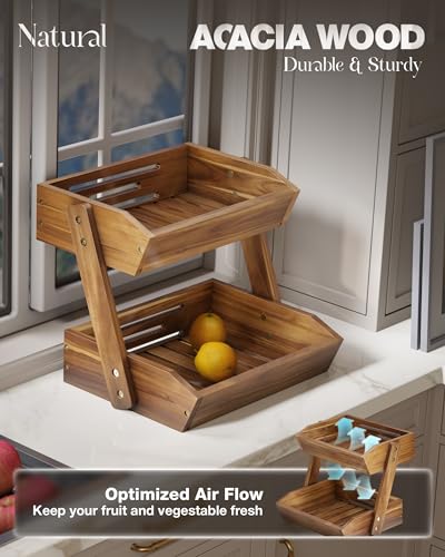 2 Tier Acacia Wood Fruit Stand for Kitchen Countertop Storage