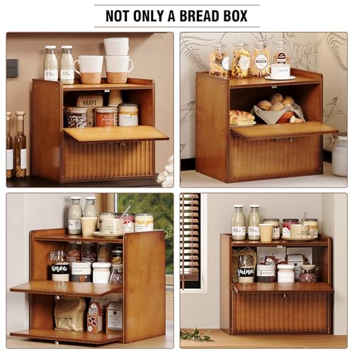 Rustic Bread Box for Kitchen Countertop Bamboo Bread Storage Container Bin Double Layer BreadBox Farmhouse Large Capacity Food Organizer