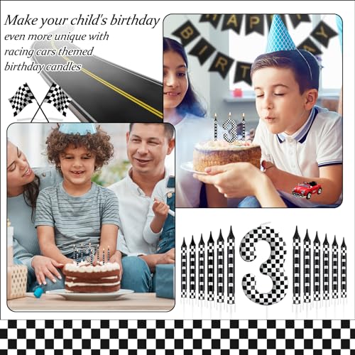 13 Pcs Racing Cars Themed Birthday Candles Black and White Race Number 3 Checkered Candle Cake Topper for Racing Car Party Decoration Supplies (13 Count)