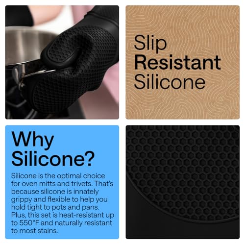 BPA Free Silicone Oven Mitts and Pot Holders Set (4 Count)