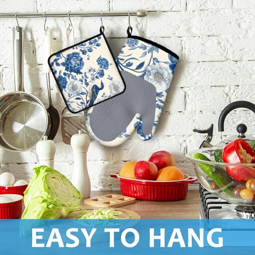 Blue Bird Blooming Flower Oven Mitts and Pot Holders Sets Heat Resistant 4Pcs Potholders Oven Gloves Hot Pads for Kitchen Baking Cooking Grilling BBQ (4 Count)
