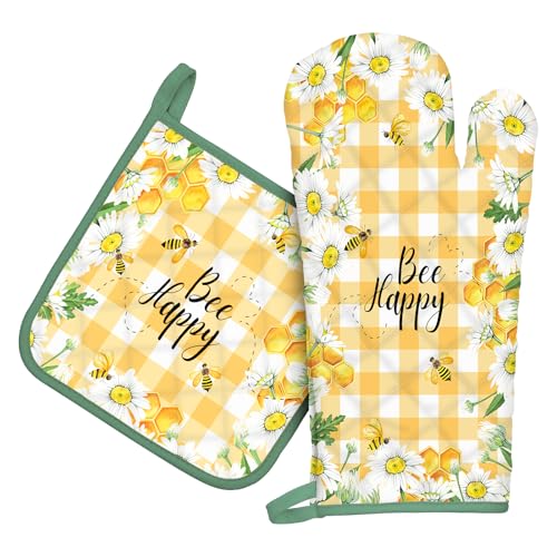 Bee Daisy Oven Mitts and Pot Holders Sets 100% Cotton Heat Resistant (2 Count)