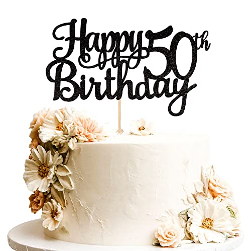 1 PCS Happy 50th Birthday Cake Topper Glitter Cheers to 50 Years Birthday Cake Pick 50 Fabulous Cake Decoration for Happy 50th Birthday Anniversary Party Decorations Supplies Black