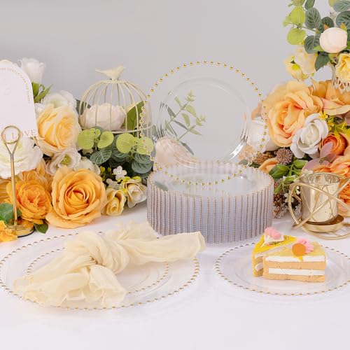 100pcs Clear Plastic Plates with Gold Beads for Bridal Showers (100 Count)