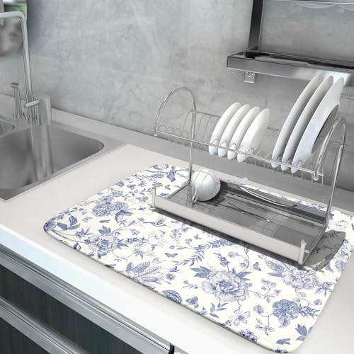Chinoiserie Flower Dish Drying Mat Blue Leaves Dishes Drying Pad Reusable Washable Kitchen Countertop Protector Dish Drainer Mat 18x24 Inch