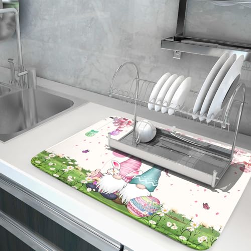 Easter Gnome Dish Drying Mat Floral Eggs Bunny Kitchen Drainer Mat 18x24 inch Absorbent Holiday Fast Dry Pad Protector for Counter Tabletop