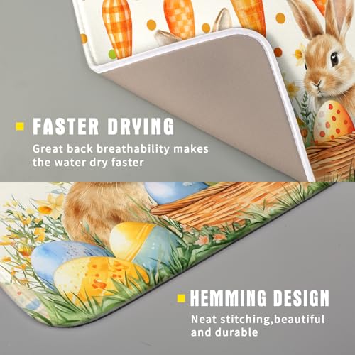 Easter Bunny Dish Drying Mat Eggs Carrot Dishes Drainer Pad Absorbent Reversible Dish Rack Mat Protector for Kitchen Countertop 16x18 Inch