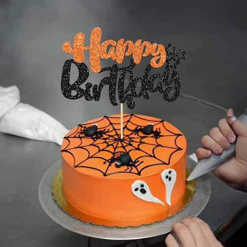 1Pcs Happy Birthday Cake Topper Glitter Happy Birthday Cake Pick for Halloween Baby Shower Theme Anniversary Party Cake Decorations Supplies Black Orange