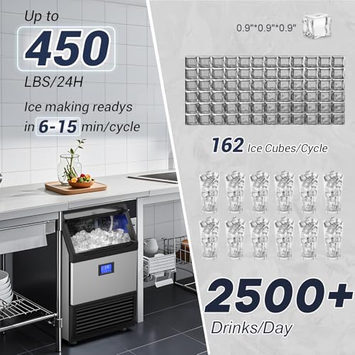 450Lbs 24H Under Counter Commercial Ice Machine with 160LBS Large Storage Bin