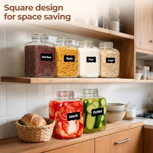 Square Glass Pantry Jars with Airtight Lids 1.1 Gallon 2 Pack Large (2 Count)