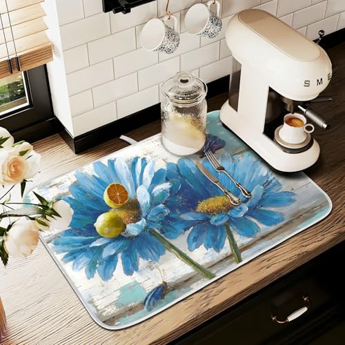 Rustic Daisy Blue on Vintage Wooden Dish Drying Mat for Kitchen Counter Absorbent Microfiber Large Drying Pad Dish Mats for Kitchen Countertops 18 x 24 Inch
