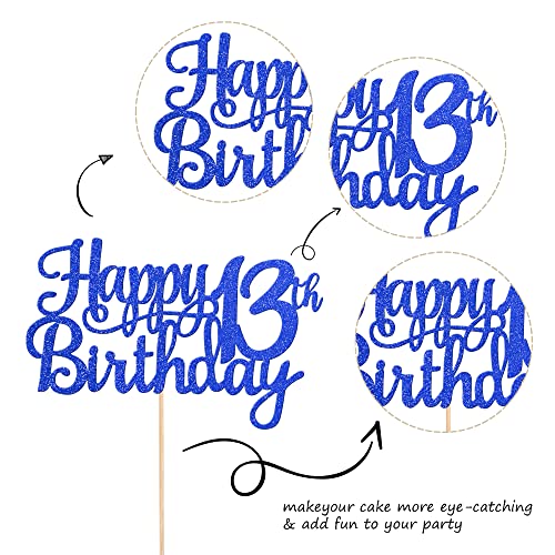 1 PCS Happy 13th Birthday Cake Topper Glitter Cheers to 13 Years Birthday Cake Pick Official Teenager 13 Fabulous Cake Decoration for Happy 13th Birthday Theme Party Decorations Supplies Blue