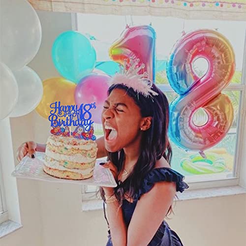 1 PCS Happy 18th Birthday Cake Topper Glitter Cheers to 18 Years Birthday Cake Pick 18 Fabulous Cake Decoration for Happy 18th Birthday Theme Party Decorations Supplies Blue
