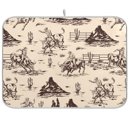 West Cactus Cowboy Dish Drying Mat for Kitchen Counter Absorbent Microfiber Drying Pad
