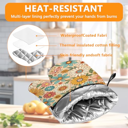Boho Floral Oven Mitts and Colorful Flowers Pot Holders Sets 4Pcs