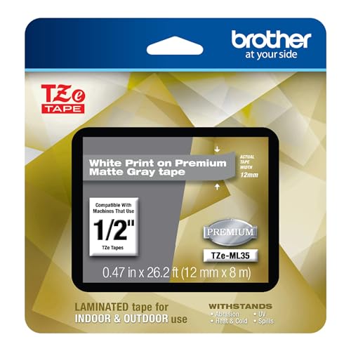 P-Touch TZe-ML35 White Print on Premium Matte Gray Laminated Tape 12mm (0.47”) Wide x 8m (26.2’) Long, TZEML35