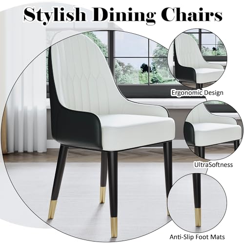 Black White Dining Chairs Set of 2 with High Backs Mid Century Modern Kitchen Dining Room Chairs PU Faux Leather Upholstered Large Padded Accent Chair with Legs (2 Count)