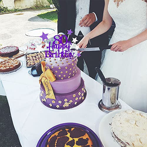 Purple Silver 80th Birthday Cake Topper with Glittery Stars (7 Count)