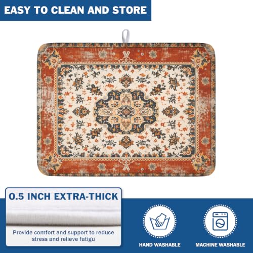 Ethnic Boho Dish Drying Mat Rust Coral Floral Decorative Dishes Pad 18x24 Inch Absorbent Fast Dry Drainer Rack Mats for Kitchen Countertop