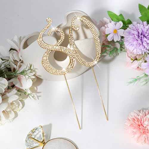 Gold 80th Birthday Cake Topper Rhinestones Cake Decorations for 80th Birthday Party