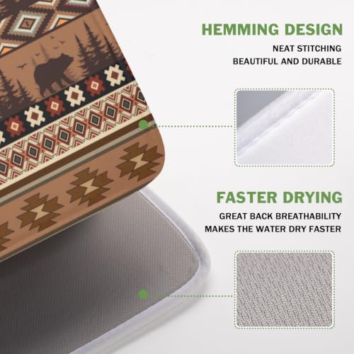 Rustic Bear Deer Dish Drying Mat Boho Ethnic Drainer Rack Pad 16x18 Inch Microfiber Absorbent Dish Sink Mat for Counter Kitchen Tableware