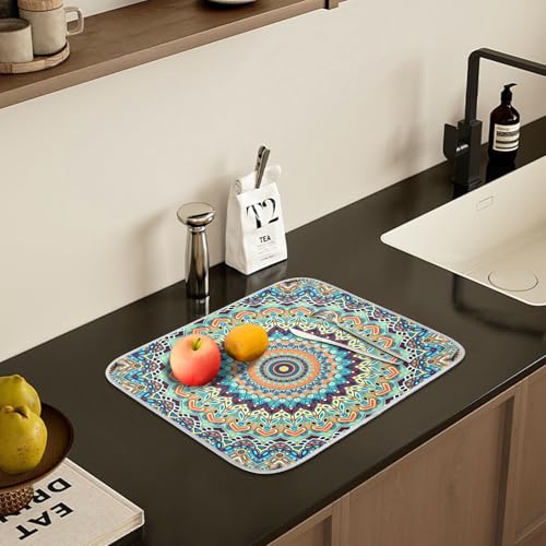 Bohemian Mandala Dish Drying Mat for Kitchen Counter Absorbent Microfiber Small Boho Ethnic Drying Pad Dish Mats for Kitchen Countertops 16 x 18 Inch