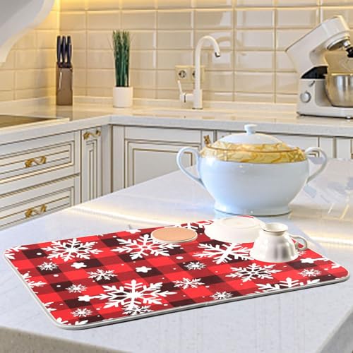 Snowflakes Christmas Tartan Plaid Dish Drying Mat for Kitchen Counter Absorbent Microfiber Drying Pad