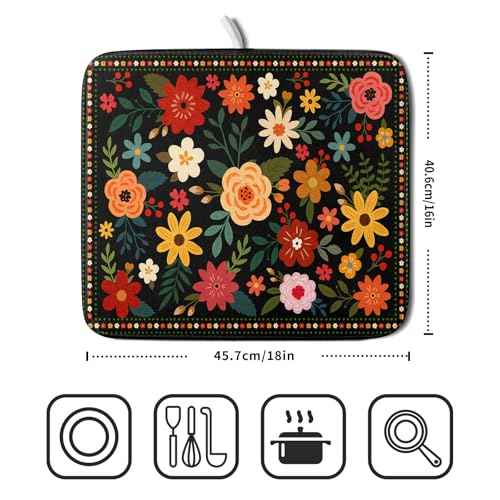 Boho Floral Dish Drying Mat 16x18 Inch Colorful Flower Dishes Dry Mats Absorbent Washable Drainer Rack Pad Protective Kitchen Counter Decor