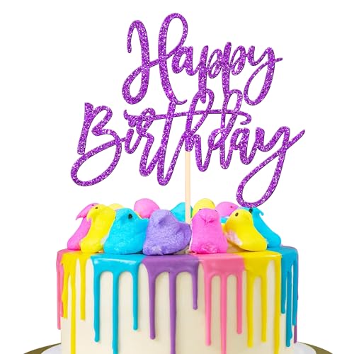 1 PCS Happy Birthday Cake Topper Glitter Happy Birthday Cake Pick for Celebrating Happy Birthday Anniversary Theme Party Cake Decorations Supplies Purple