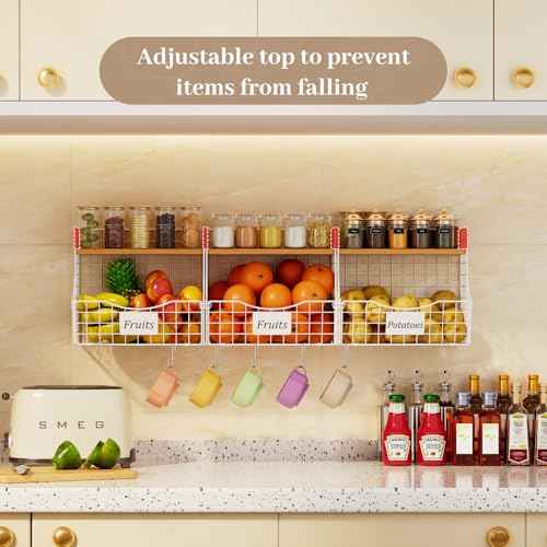 3 Pack Hanging Fruit Basket for Kitchen with Wood Lid (3 Count)