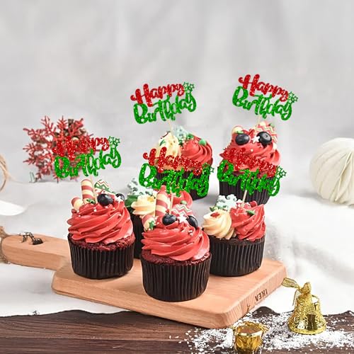 24Pcs Happy Birthday Cupcake Toppers Double Layer Glitter Happy Birthday Cake Decorations for Christmas Theme Baby Shower Anniversary Party Decorations Supplies Red Green (24 Count)
