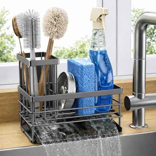 Sink Caddy Sponge Holder for Kitchen with Brush Holder and Stainless Steel Self Drain Tray