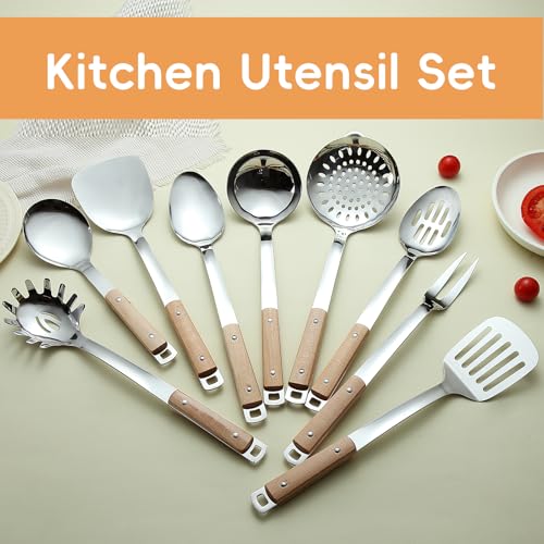 9pcs Cooking Utensils Set 304 Stainless Steel Kitchen Utensils with Wooden Hanlde Metal Kitchen Utensils Soup Ladle Set Dishwasher Safe Kitchen Essentials Set Kitchen Tool Set (9 Count)