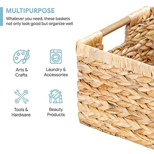 Large Rectangular Wicker Basket with Wooden Handles for Shelves and Storage