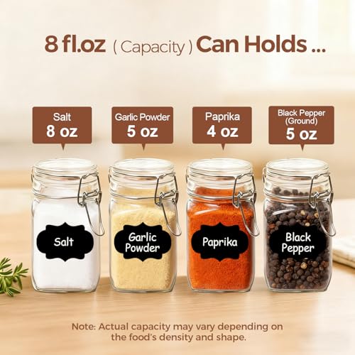 Square Glass Spice Jars 8 oz 12 Pack with Labels and Funnel Set (12 Count)