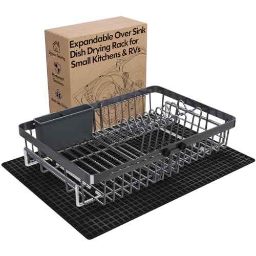 Grey Expandable Dish Drying Rack Over Sink with Extra Drying Mat