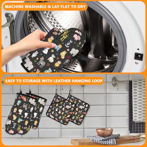 Cute Animals Oven Mitts and Animal World Pot Holders Sets 4Pcs