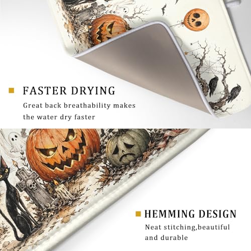 Halloween Pumpkin Ghost Dish Drying Mat Black Cat Microfiber Dishes Pad 18x24 Inch Holiday Dish Drainer Rack Mats for Kitchen Counter Sink