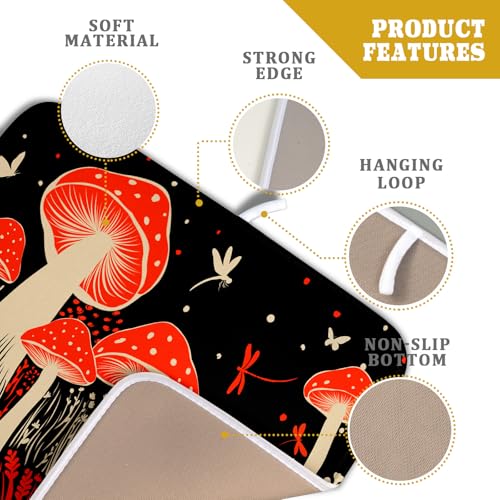 Red Mushroon Dish Drying Mat for Kitchen Counter Black Microfiber Absorbent Dish Pad Small