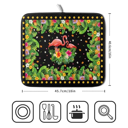 Tropical Flamingo Dish Drying Mat Palm Leaves Absorbent Dishes Drainer Pad Microfiber Dish Rack Mat for Kitchen Countertop Decor 16x18 Inch