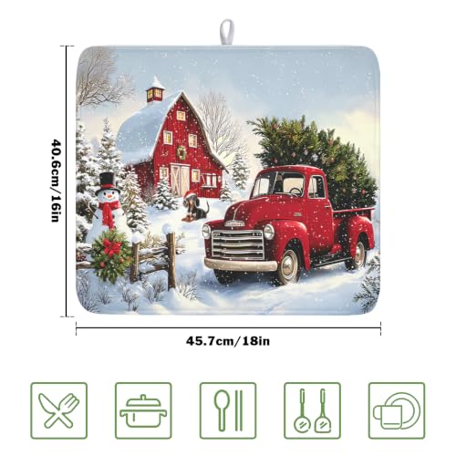 Red Truck Dish Drying Mat Winter Xmas Tree Drainer Rack Pad 16"x18" Microfiber Absorbent Quick Dry Dish Sink Mat for Table Kitchen Counter