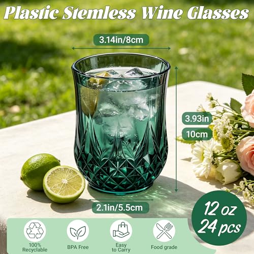 24 Pack Plastic Stemless Wine Glasses (24 Count)