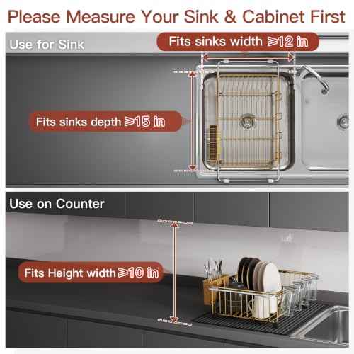Gold Dish Drying Rack in Sink with Mat