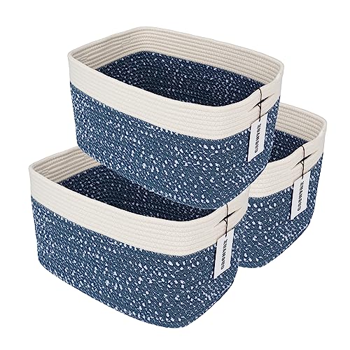 Woven Cotton Rope Storage Baskets 15x10x9.3" 3 Pack White and Blue