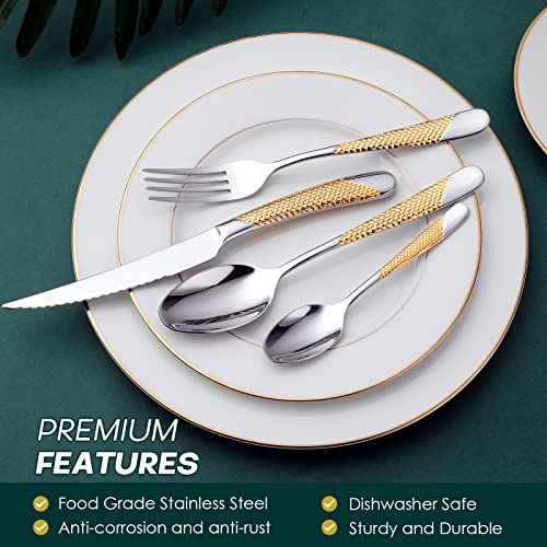 Hammered Silver Gold Silverware Set (24 Count)